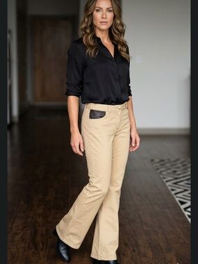 Michael Kors Beige Boot Cut Pants with Black Pocket Accent